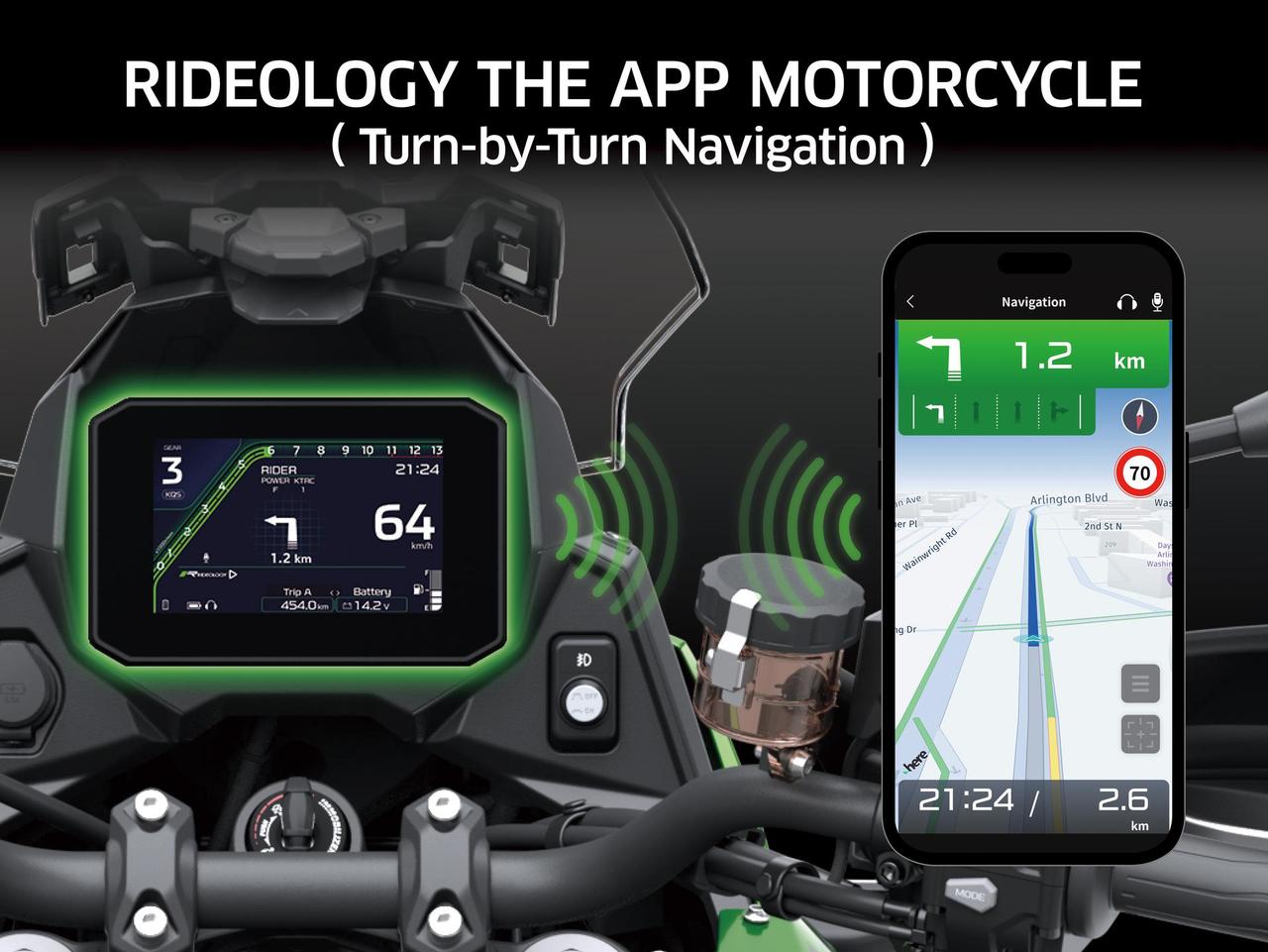RIDEOLOGY THE APP MOTORCYCLE med talestyring og Turn-by-Turn-navigasjon